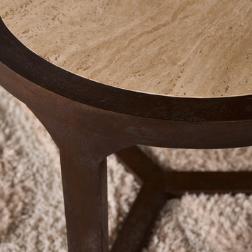 Couchtisch - Travertin Platte, Mangoholz Braun, Runde Form, 60 cm – Morris | Starfurn