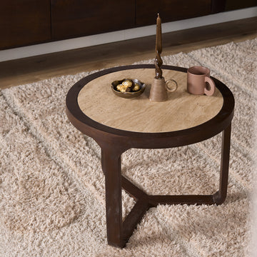 Couchtisch - Travertin Platte, Mangoholz Braun, Runde Form, 60 cm – Morris | Starfurn