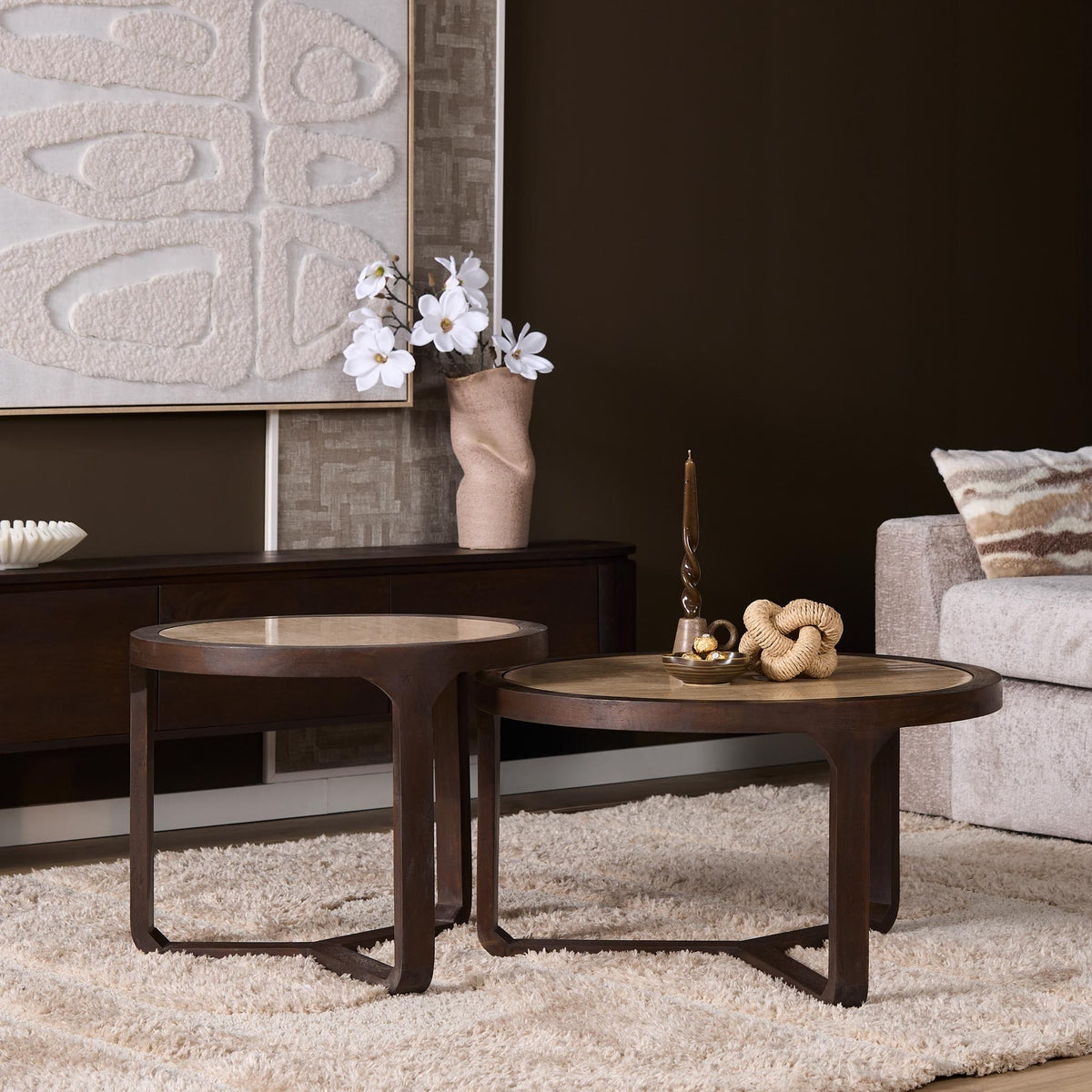 Coffee table – Travertine top, mango wood, brown finish – Morris | Starfurn
