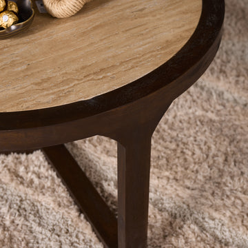Couchtisch - Travertin Platte, Mangoholz Braun, Runde Form, 75 cm – Morris | Starfurn