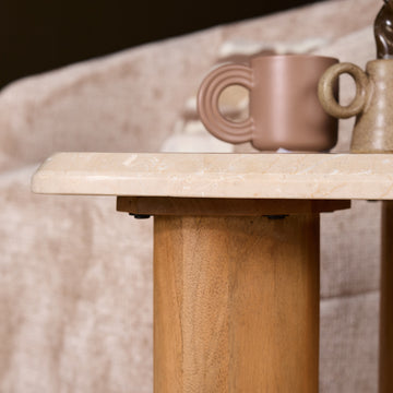 Side Table – Mango Wood Material, Botticino Marble Top, Triangular Design – Nuvé | Starfurn