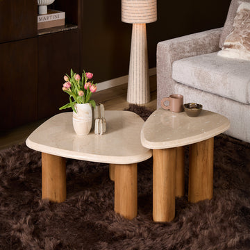 Side Table – Mango Wood Material, Botticino Marble Top, Triangular Design – Nuvé | Starfurn