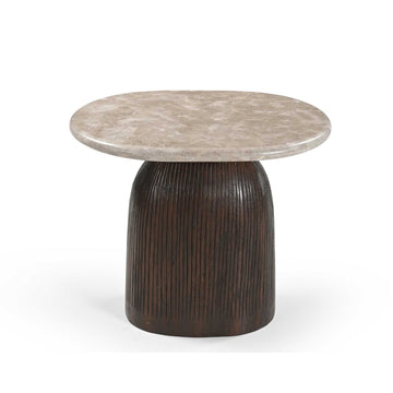 Couchtisch aus Mangoholz mit Marmorplatte, ovaler Tischform und gerilltem Holzsockel – Noel | Starfurn