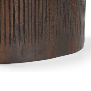 Couchtisch aus Mangoholz mit Marmorplatte, ovaler Tischform und gerilltem Holzsockel – Noel | Starfurn