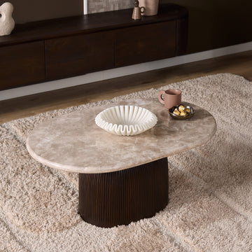 Coffee Table – Marble Top, Mango Wood, Grooved Structure – Noel | Starfurn