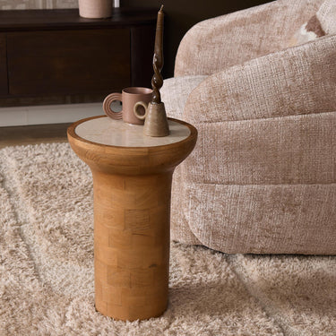Beistelltisch – Travertin Naturstein Platte, Massives Mangoholz Gestell, Minimal Natur Design - Zoë | Starfurn