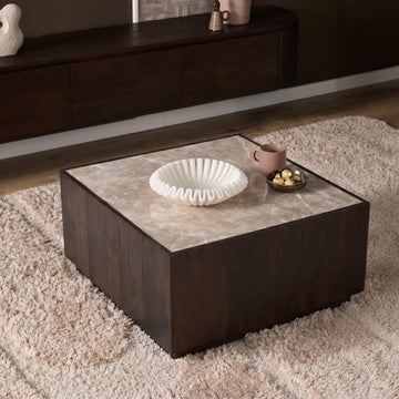 Couchtisch – Modernes Design, Braunton, Marmor und Mangoholz – Moos | Starfurn