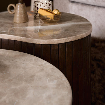 Coffee Table – Mango Wood, Brown, Marble Top, Vertical Wooden Slats – Nomi | Starfurn