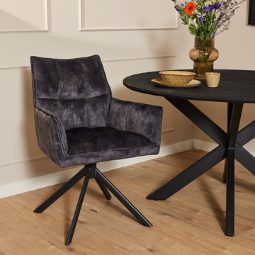 Dining Chair - Velvet Cover, Anthracite, Swivel with Return Function, Black Metal Legs – Dani | Starfurn