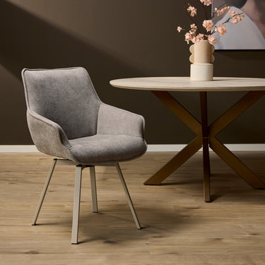 Dining Chair - Swivel Function, Taupe Fabric, Light Metal Frame, Comfort Upholstery - Mees | Starfurn
