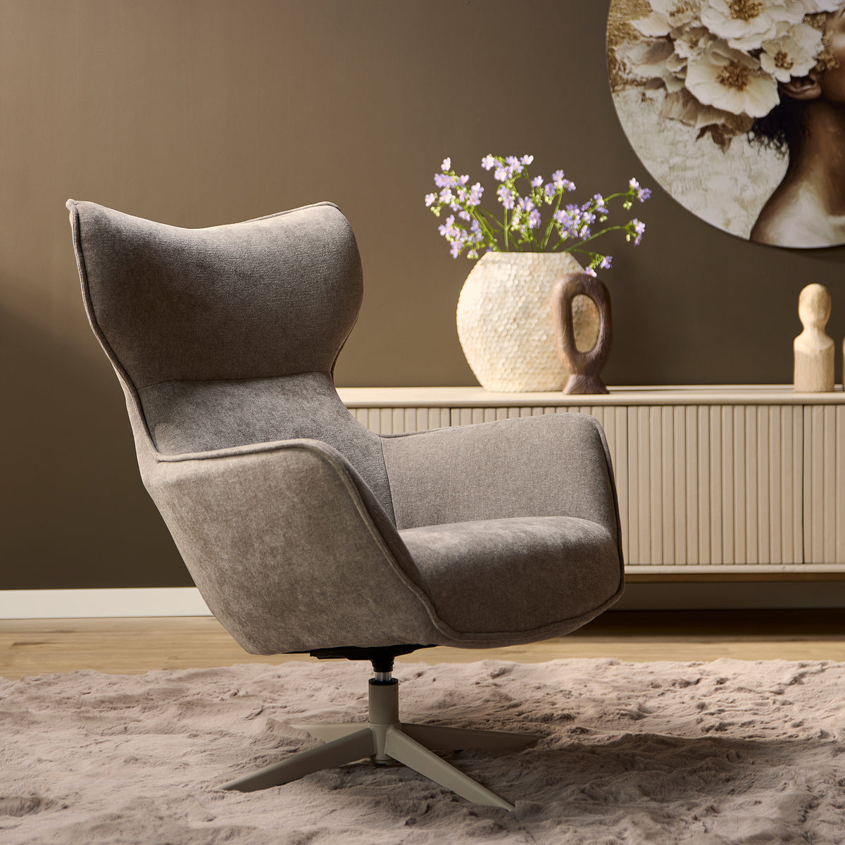Armchair - taupe fabric upholstery, swivel function, metal legs – Julia | Starfurn