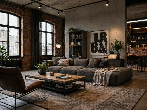 Urban Loft Stil mit offenen Regalen und Raumteilern – strukturierte Zoneneinteilung im länglichen Wohnzimmer