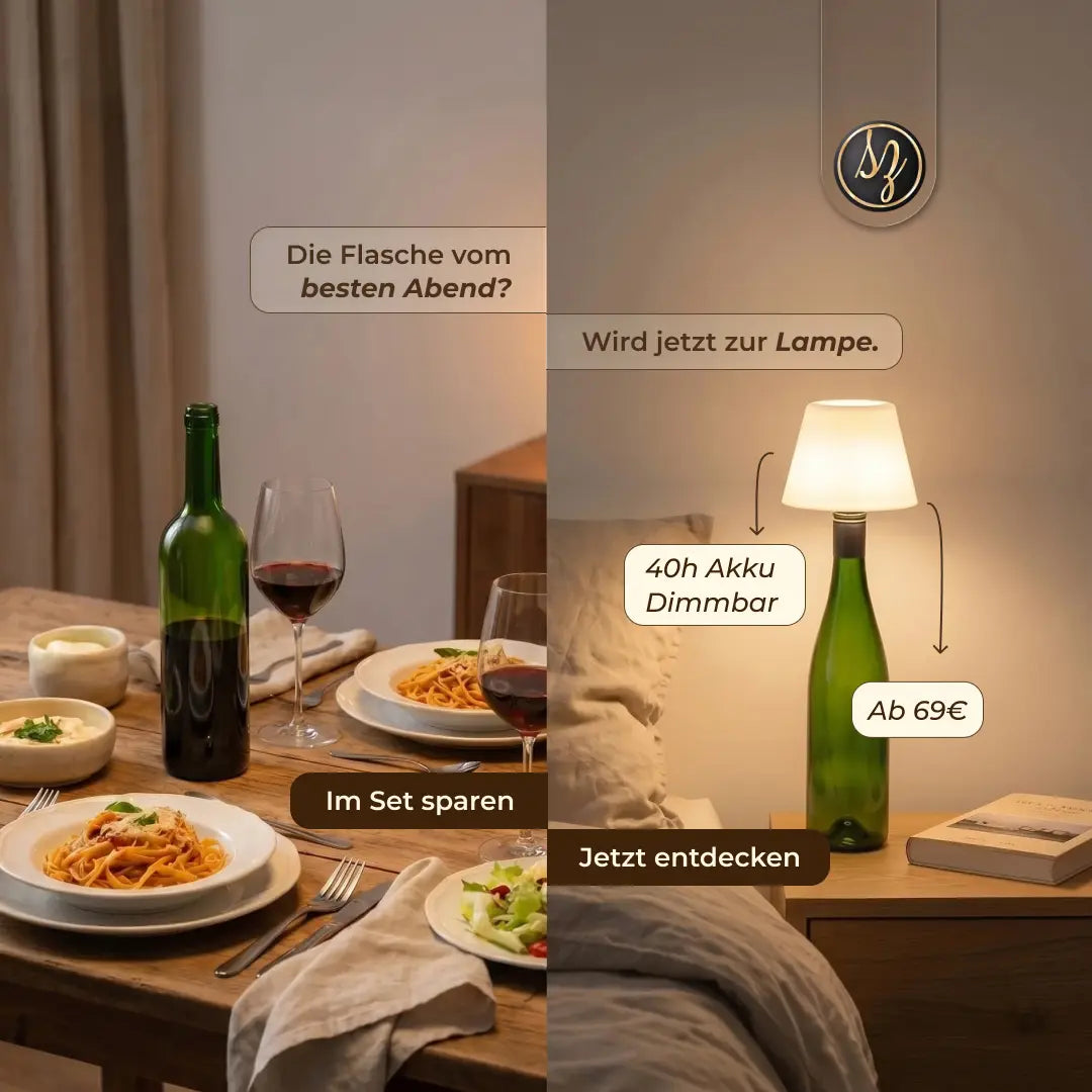 Weinflaschen-Tischlampe mit dimmbarem 40h-Akku – Akku-Leuchte auf grüner Weinflasche neben gedecktem Esstisch