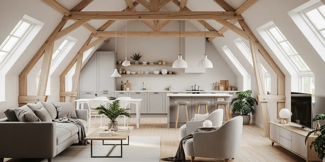 Offenes Wohn-Ess-Bereich mit Dachschräge, sichtbaren Holzbalken, grauem Sofa und heller Einbauküche