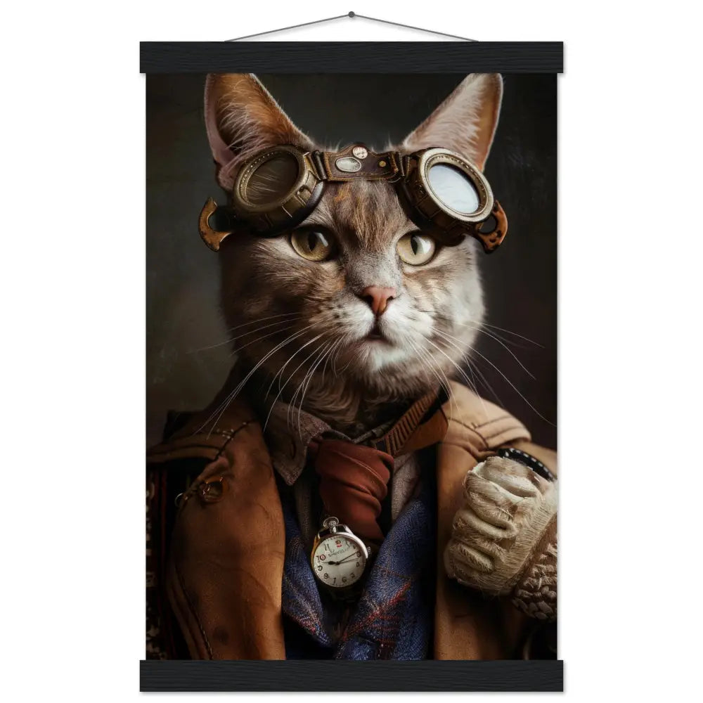School Poster - Chausie Cat Motif, Steampunk Art Theme, Magnetic Wooden Hanger | St Tropez Art