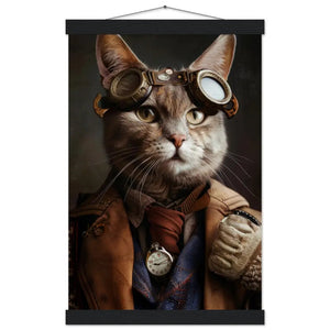 School Poster - Chausie Cat Motif, Steampunk Art Theme, Magnetic Wooden Hanger | St Tropez Art
