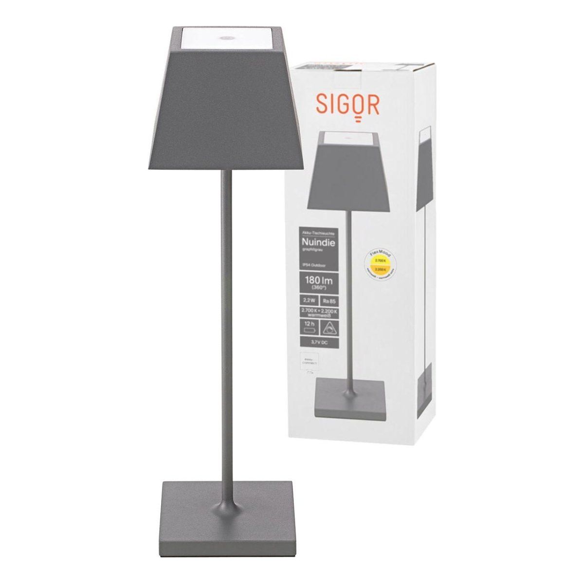 Akku - Tischleuchte Nuindie 2,2W FlexMood 2200K/2700K IP54 168/197lm Ra85 dim von Sigor - Esszett Luxury | Stilvolles Wohnen mit Charakter