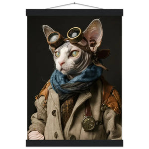 Schulposter - Steampunk-Vintage Cornish-Rex Katzenmotiv, mattes FSC-Papier, magnetische Holzleisten | St Tropez Art