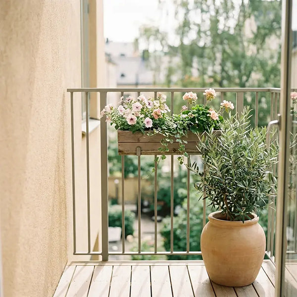 Balkon mit blühendem Blumenkasten am Geländer und Olivenbaum im Topf