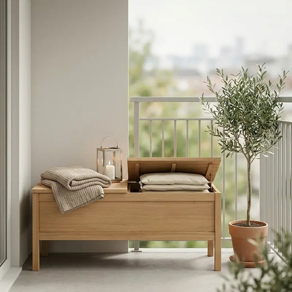 Holz-Stauraumbank auf Balkon mit Kissen, Decke, Laterne und Olivenbaum