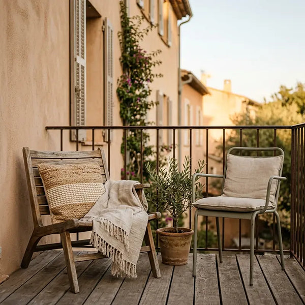 Mediterraner Balkon mit Holz- und Metallstuhl, Kissen und Olivenbaum
