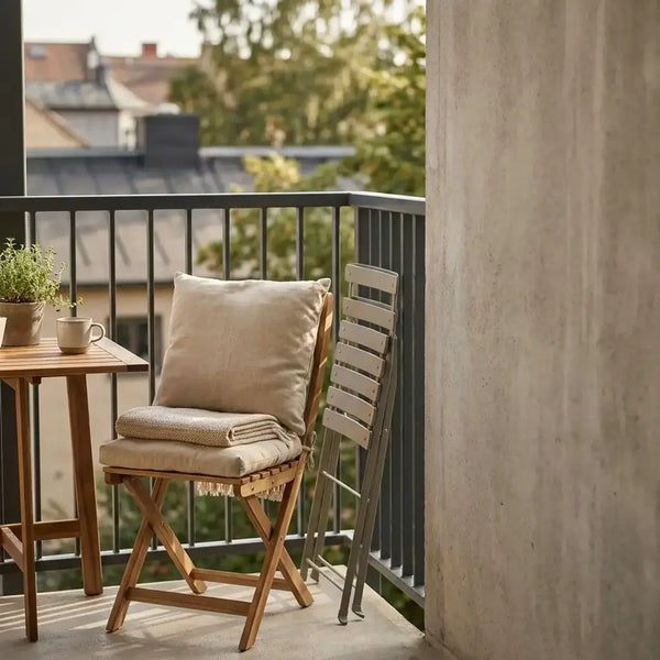 Balkon mit Holzklappstuhl, Kissen und Decke neben zusammengeklapptem Metallstuhl