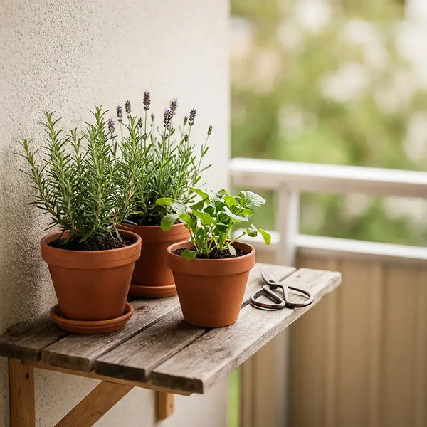 Terrakotta-Töpfe mit Rosmarin, Lavendel und Kräutern auf Holzbank