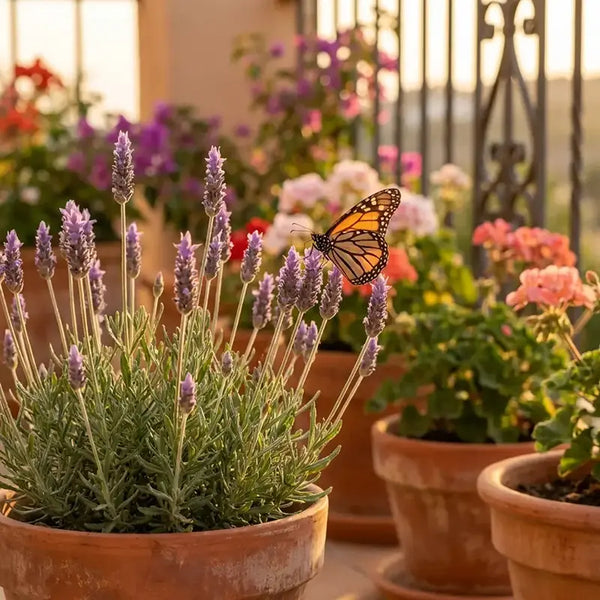 Blühender Lavendel im Topf mit Schmetterling, insektenfreundlicher Balkon