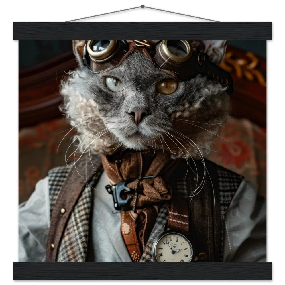 Schulposter Männlicher Lykoi-Kater, Steampunk-Stil, antike silberfarbene Uhr, bronzefarbene Brille | St Tropez Art