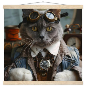Schulposter Männlicher Chartreux-Kater, Steampunk-Stil, antike silberfarbene Uhr, bronzefarbene Brille | St Tropez Art