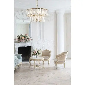 Pendant lamp with chrome-coloured metal frame and graduated crystal elements (12 × E14) – Puntes | Maytoni