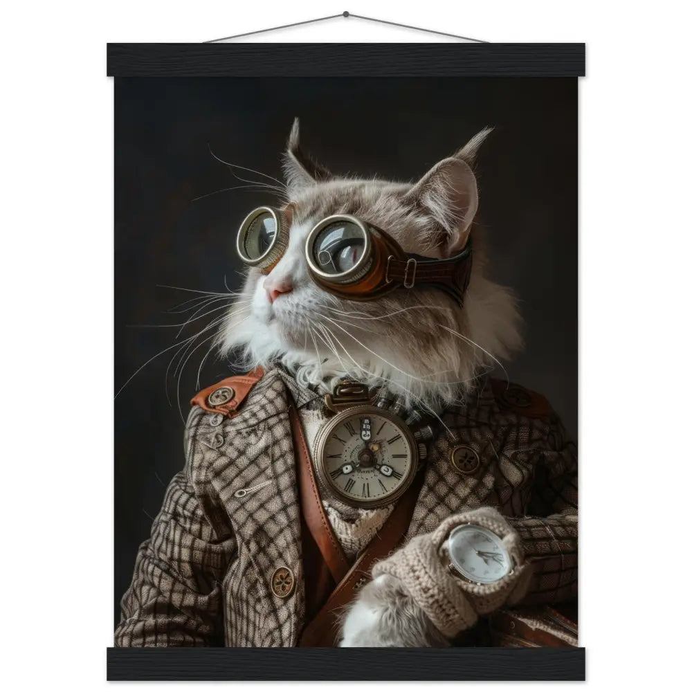 Schulposter - Steampunk-Vintage Javanese Katzenmotiv, mattes FSC-Papier, magnetische Holzleisten | St Tropez Art