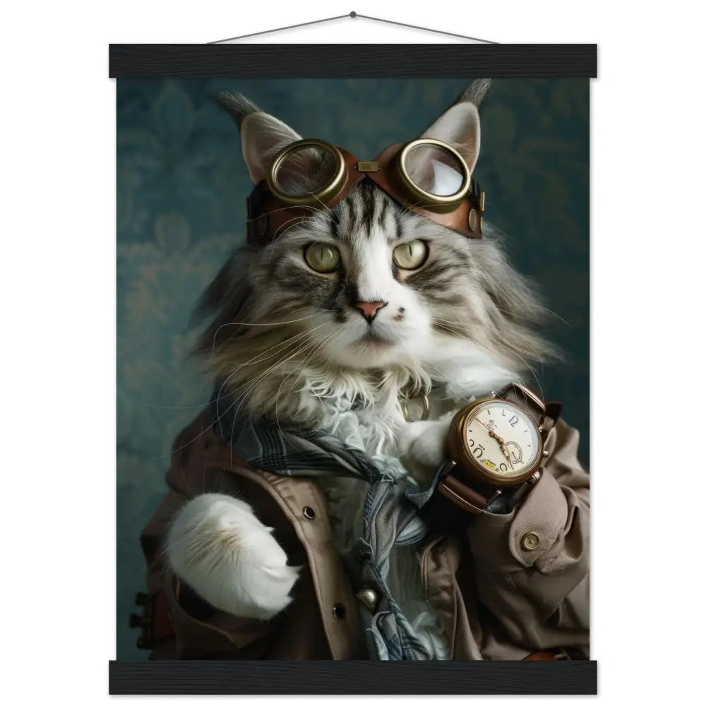 Schulposter - Steampunk-Vintage Maine-Coon Katzenmotiv, mattes FSC-Papier, magnetische Holzleisten | St Tropez Art