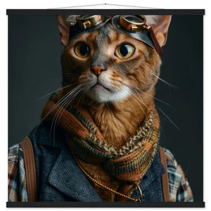 Schulposter - Steampunk-Vintage Abessinier Katzenmotiv, mattes FSC-Papier, magnetische Holzleisten | St Tropez Art