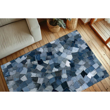 Teppich – Reine Baumwolle, Kurzflor Struktur, Blaue Optik, 150 cm - Urban Denim 490 | Kayoom