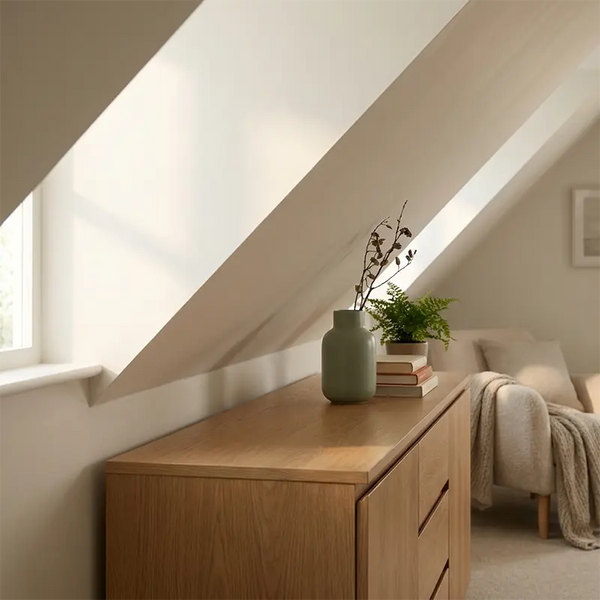 Wohnzimmer mit Dachschräge, aufgeteilt in Wohnzone, Sitzecke und Regalwand für Stauraum