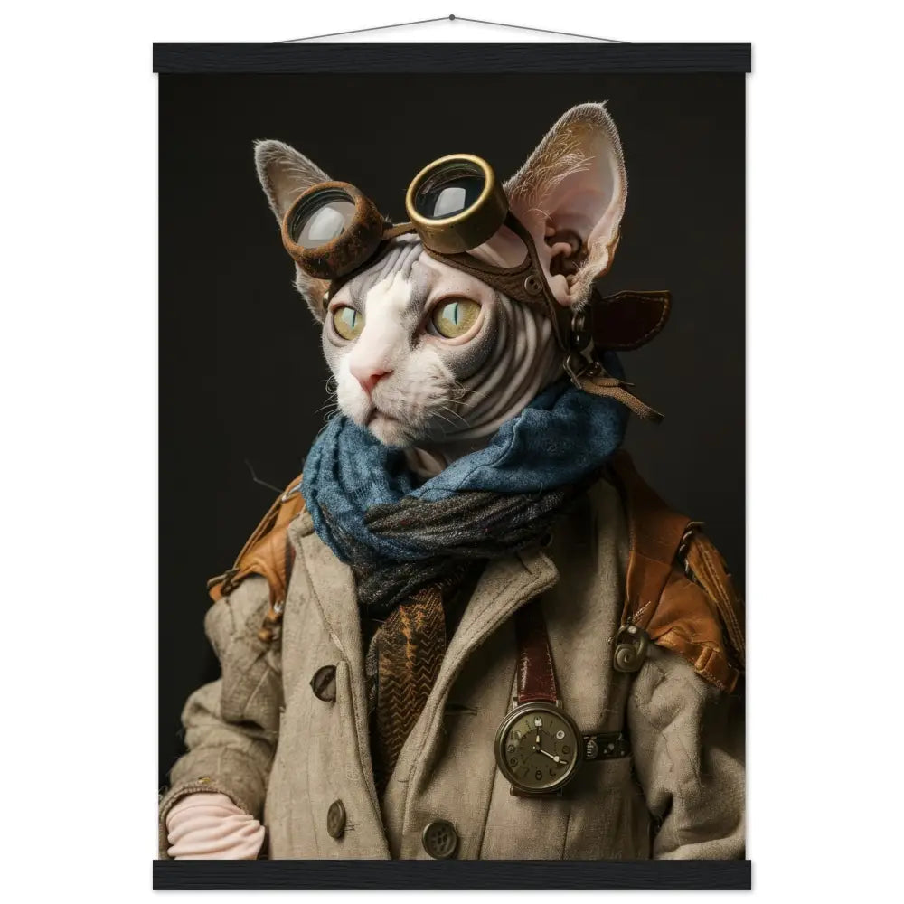 Schulposter Männlicher Cornish-Rex-Kater, Steampunk-Stil, antike bronzefarbene Uhr, robuste Brille | St Tropez Art