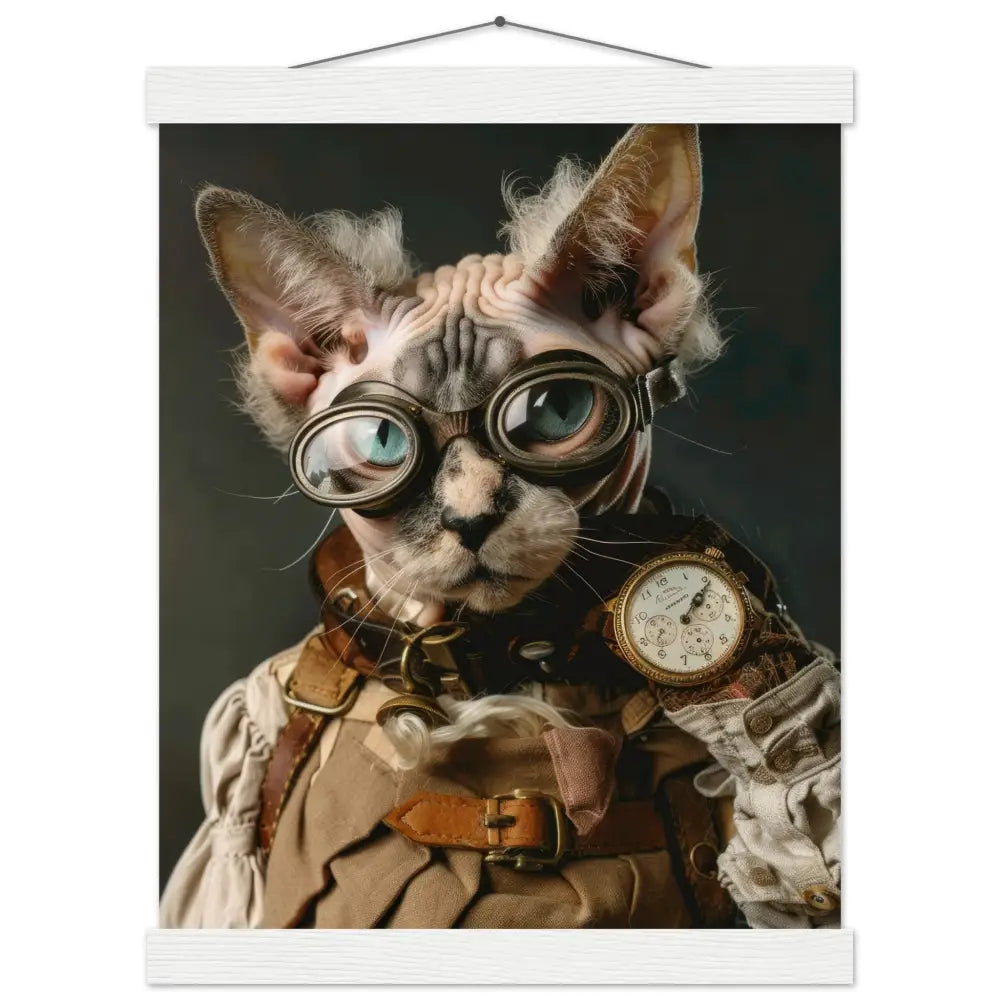 Schulposter - Steampunk-Vintage Devon-Rex Katzenmotiv, mattes FSC-Papier, magnetische Holzleisten | St Tropez Art