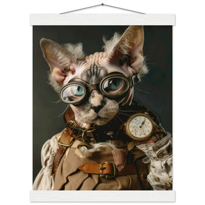 Schulposter - Steampunk-Vintage Devon-Rex Katzenmotiv, mattes FSC-Papier, magnetische Holzleisten | St Tropez Art