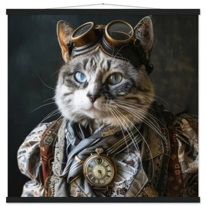 School Poster Female Chausie Cat, Steampunk Style, Antique Bronze Clock, Antique Gold Glasses | St Tropez Art