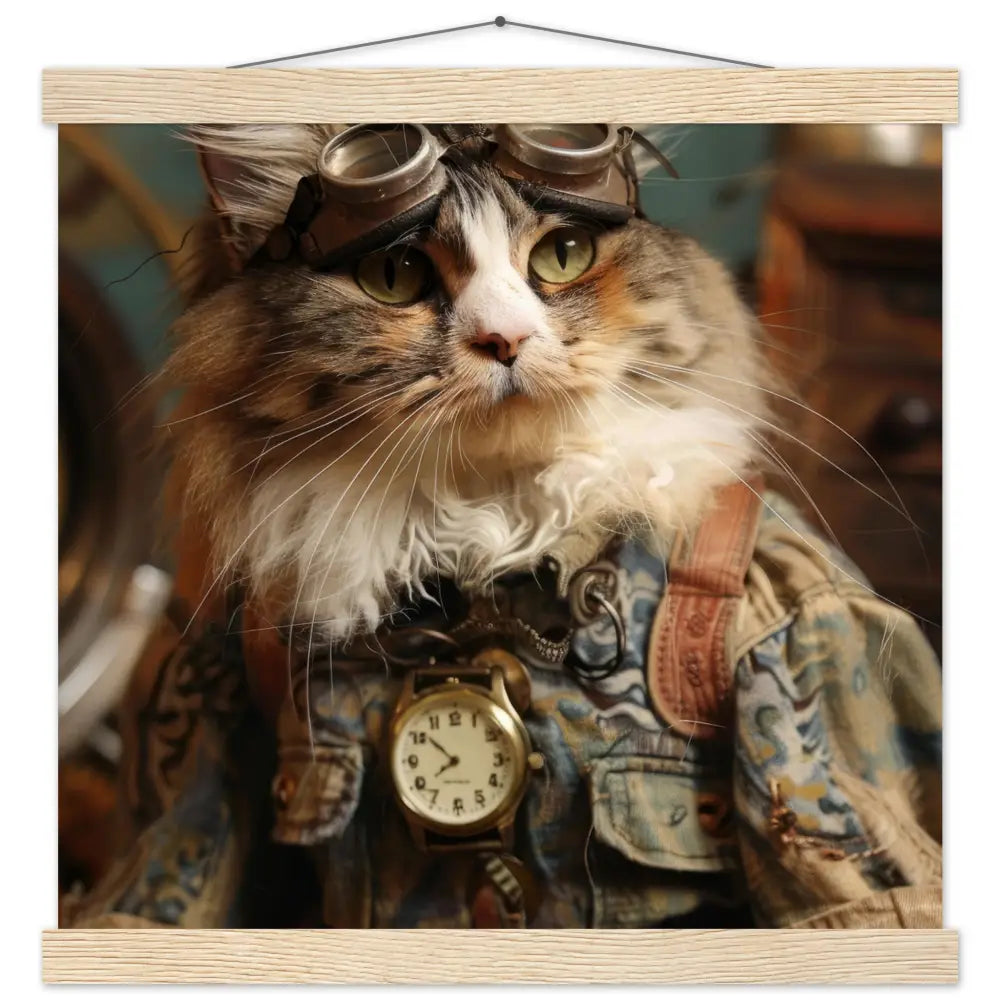 Schulposter Weibliche Manx-Katze, Steampunk-Stil, antike goldfarbene Uhr, bronzefarbene Brille | St Tropez Art