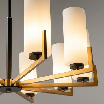 Chandelier Metal in Brass and Black with White Cylindrical Glass Shades E27 Socket – Fortano | Maytoni