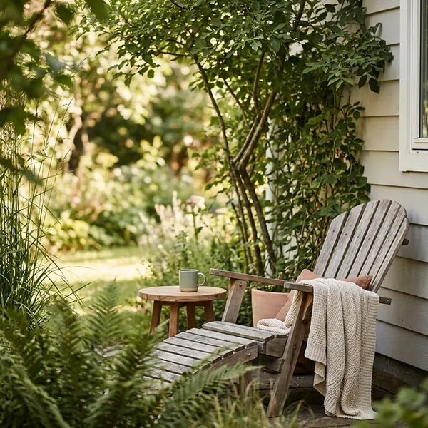 Adirondack-Sessel mit Decke und Beistelltisch an Hauswand im Grünen