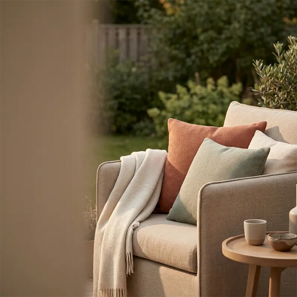 Gartensessel mit Kissen, Decke und Beistelltisch im goldenen Licht
