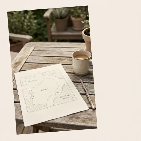 Handgezeichneter Gartenplan auf Holztisch mit Kaffeetasse im Garten