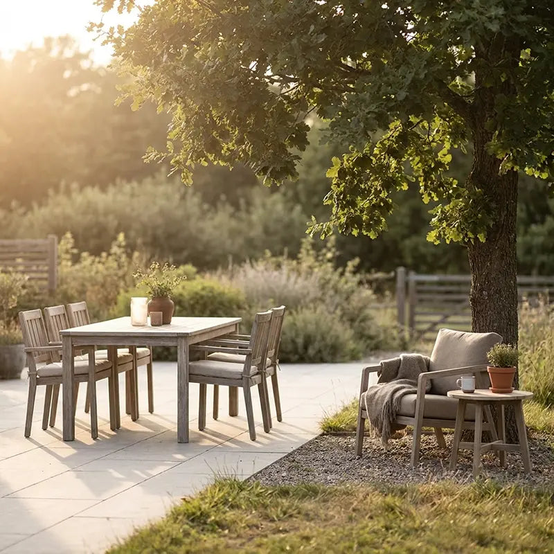 Gartenesstisch mit Stühlen und Loungesessel unter Baum bei Sonnenuntergang