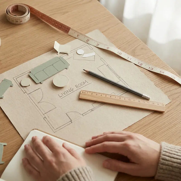 Handgezeichneter Wohnzimmer-Grundriss mit Papier-Möbelmodellen, Maßband und Lineal