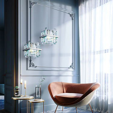 Pendelleuchte mit chromfarbenem Metallrahmen und transparenten Kristallplatten (1 × E14, max. 40 W, höhenverstellbar 400–1200 mm) im luxuriösen Design – Dune | Maytoni