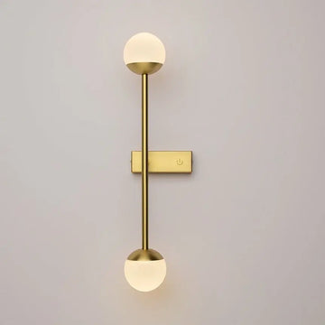Wall light made of brass-coloured metal with two white glass spheres and touch dimmer – TOUCH | Maytoni