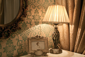 Table lamp metal base, brass finish crystal details & pleated organza shade – Grace | Maytoni